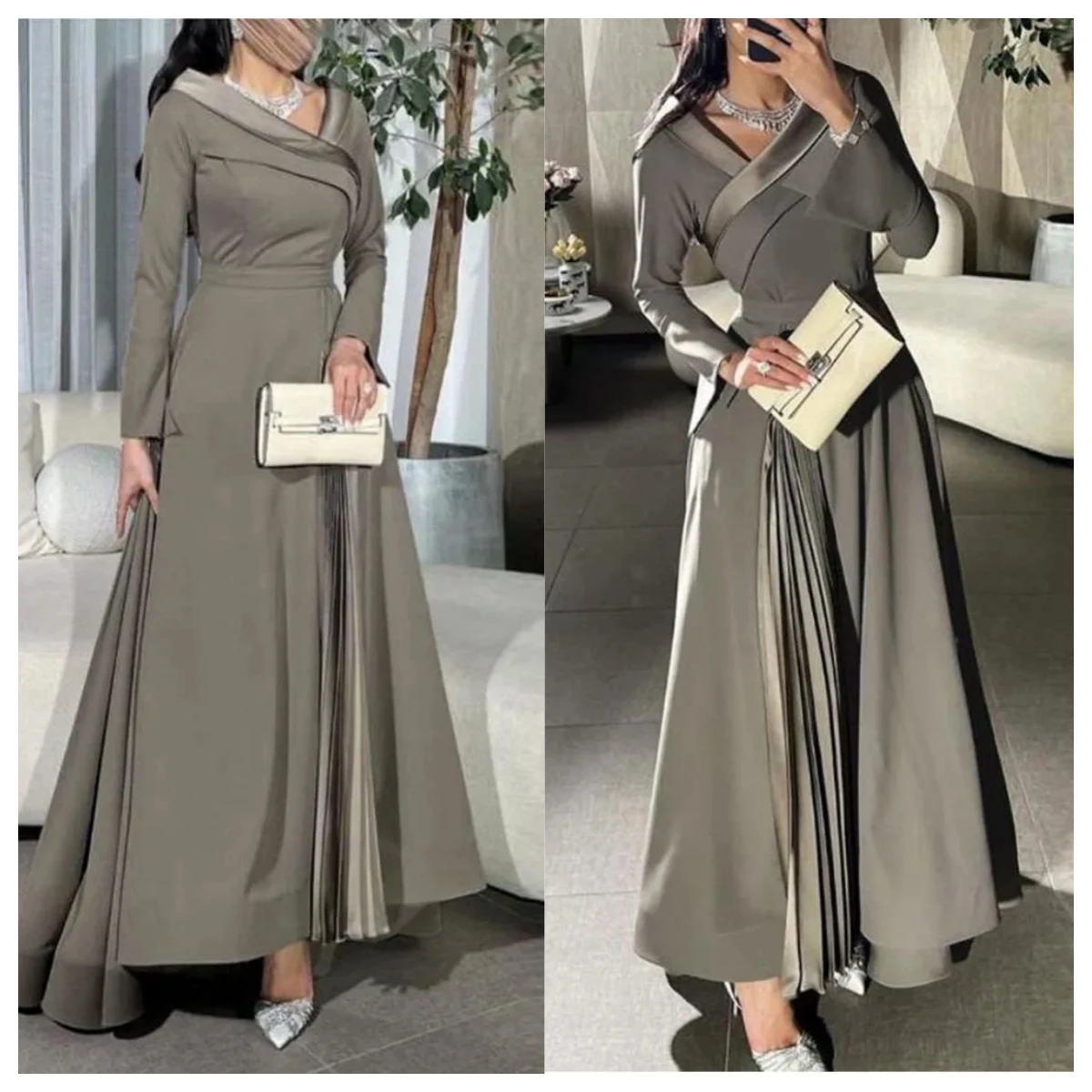 

Grey A Line Prom Dresses 2025 V Neckline Customized Prom Dress Full Sleeve فساتين سهرات Satin Formal Party Gown