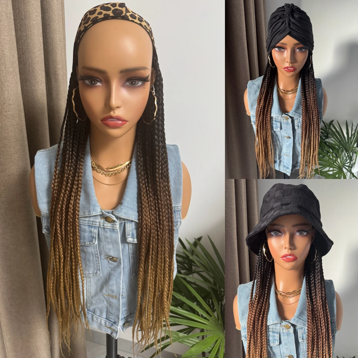 WIGERA Long 24‘ Ombre Black Dark Brown Honey Brown Braided Synthetic Wig With Headband Turban Braiding Hair Extensions For Women