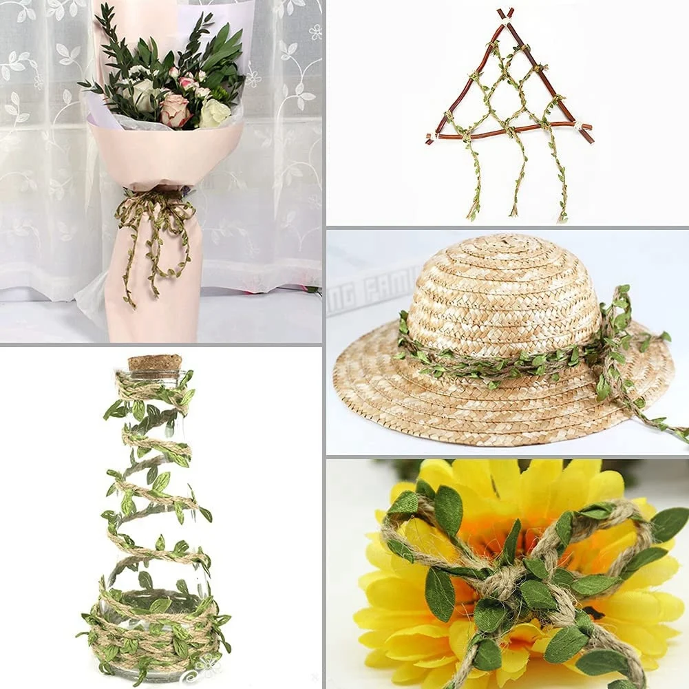 Juteschnur, natürliches Schnur, 5 mm, Hessisches Schnur mit künstlichen Blättern, Schnur für DIY-Geschenkverpackungen, Hochzeit, Garten (32,8 Fuß)