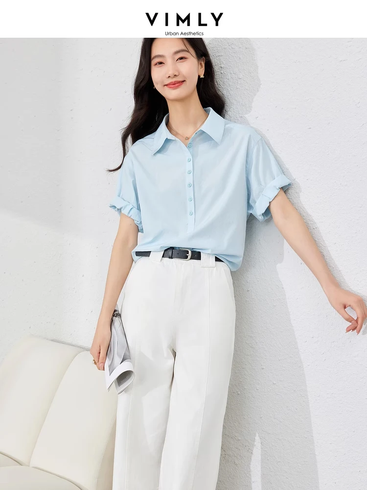 Vimly French Style Pink Short Sleeve Polo Collar Blouse Women 2024 Summer Lapel Straight Casual Button Up Women\'s Shirt M6920