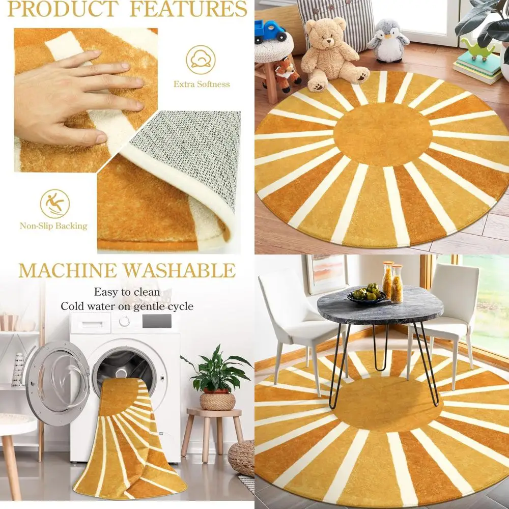 

Round Area Rug - 5Ft Washable Soft Bedroom Rugs Non-Slip Living Room, Rainbow Sun Print Circle Rugs for Office, Dining, Nursery,