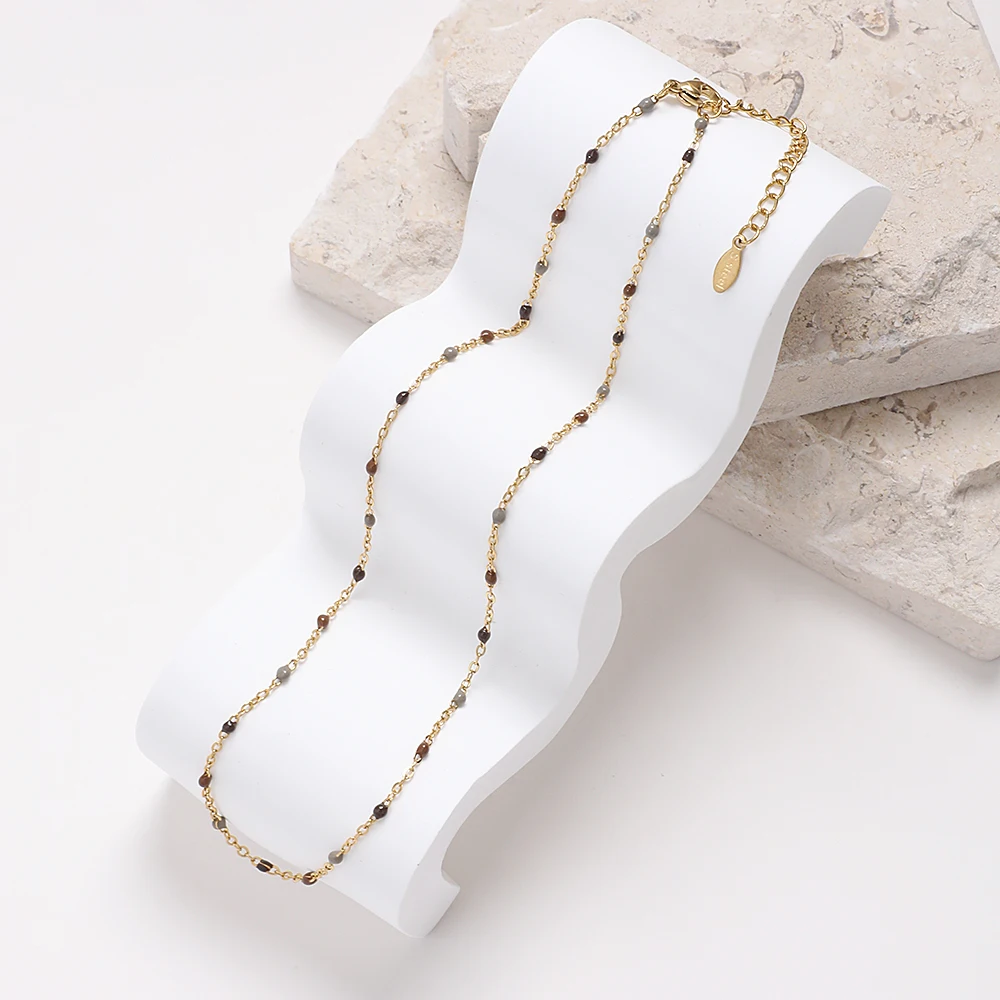 ZMZY Hot Pink Stainless Steel Link Cable Chain Fashion Gold Color Satellite Enamel Beads Necklace for Women Chic Summer Gift