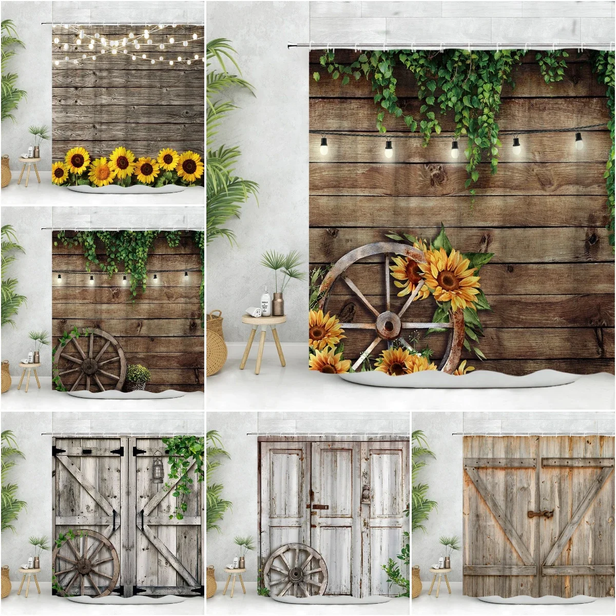 Vintage Shower Curtain, Farm Spring Floral Rustic Planks Greenery Leaf Wheel Butterfly Polyester Fabric Print Bathroom Decor Set
