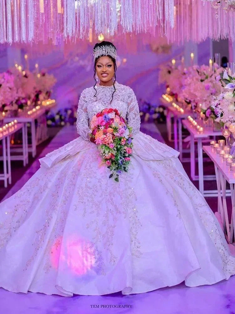 Customized Modern High Neck Heavy Beads AppliqWedding Dresses Sweep Train Long Sleeves Vestido De Casamento Ballgown Puffy Bri