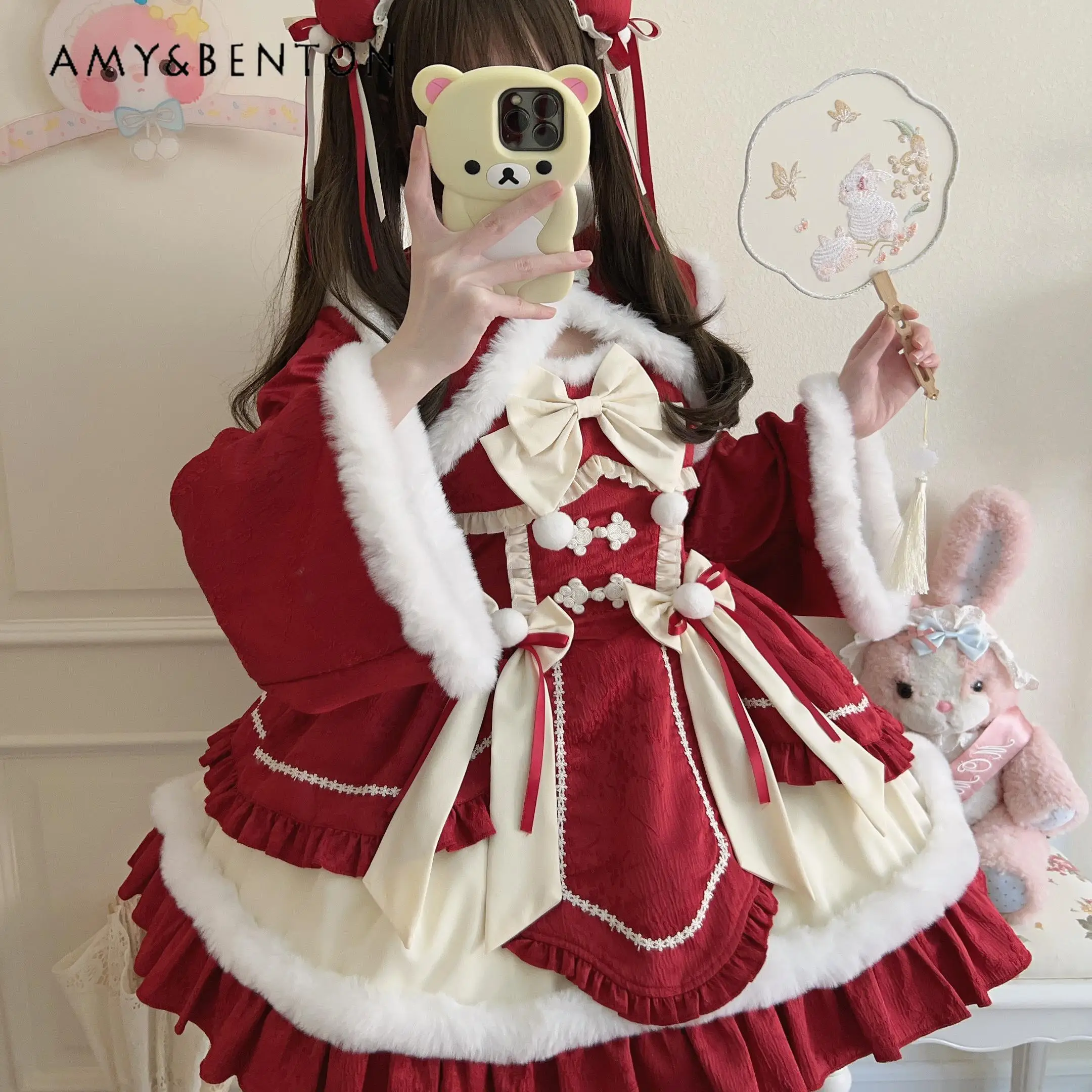 

2025 Autumn Winter New Bowknot Plush Lolita Red Pink Waist-Cinching Mid-Length Strap Dress and Vest Coat Two-Piece Set