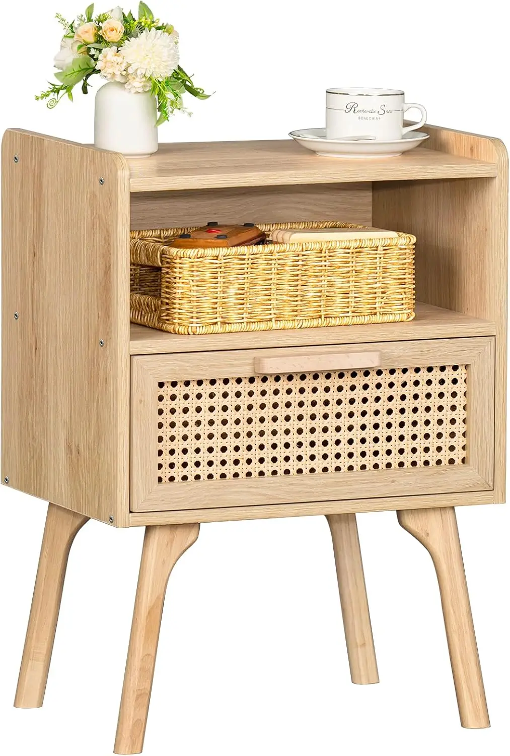 Rattan Nightstand, Boho Side Table with Drawer Open Shelf, Cane Accent Bedside End Table with Solid Wood Legs for Bedroom, Dorm