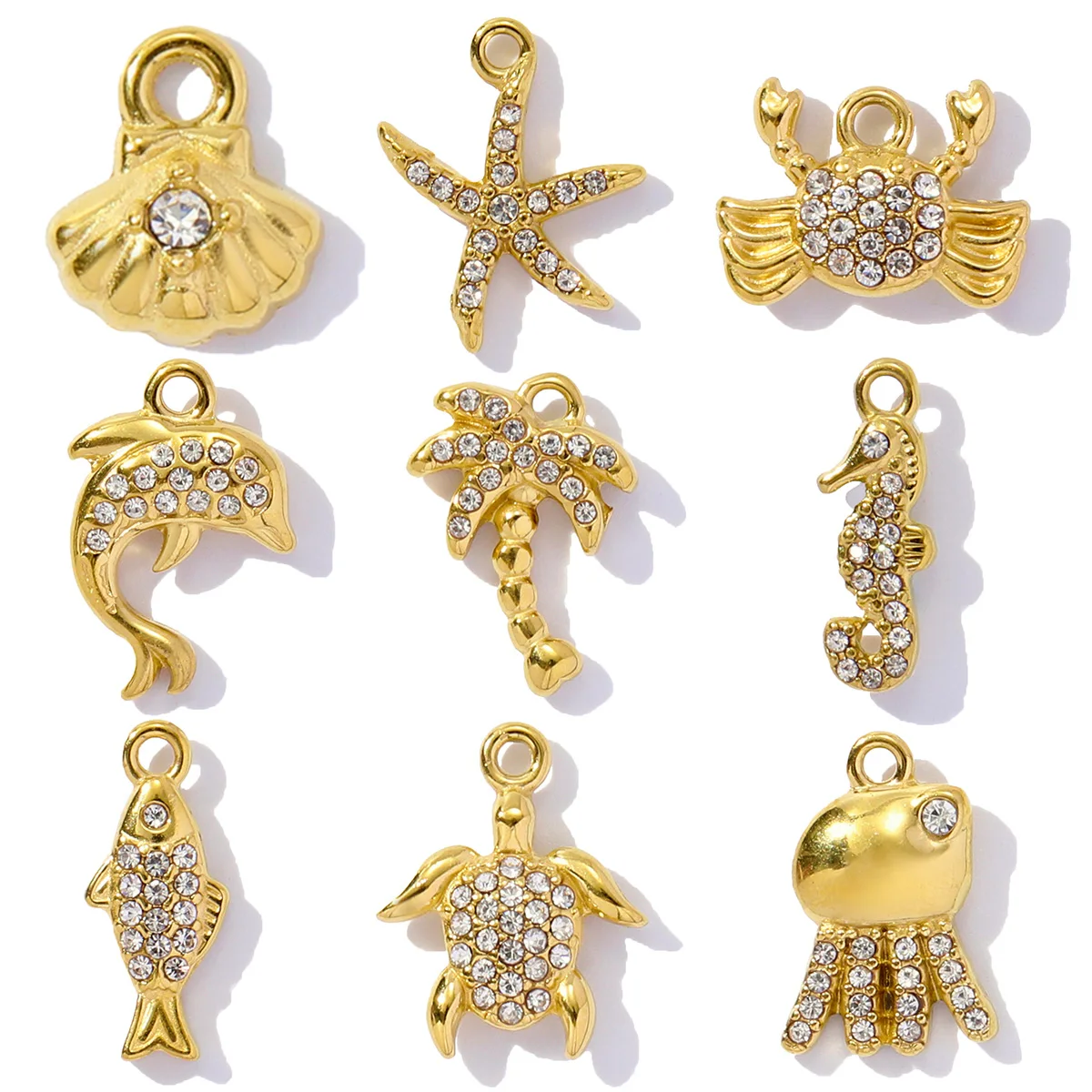 3pcs/Lot Stainless Steel Rhinestone Shell Starfish Crab Pendant Seahorse Dolphin Turtle DIY Charms Necklace Making Women Jewelry
