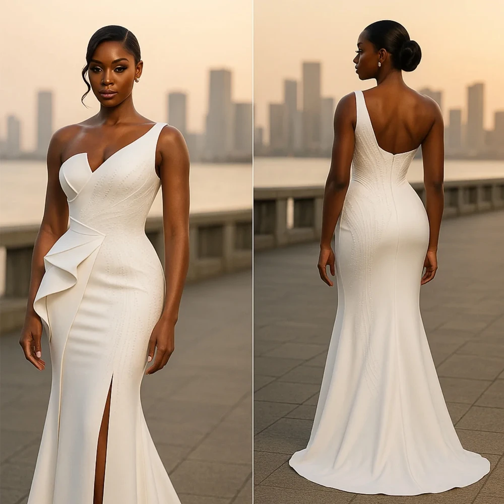 

African Mermaid Wedding Dress One Shoulder Satin Side Split V-Neck Bridal Gowns Ruffles Nigeria Vestidos De Novia Customized