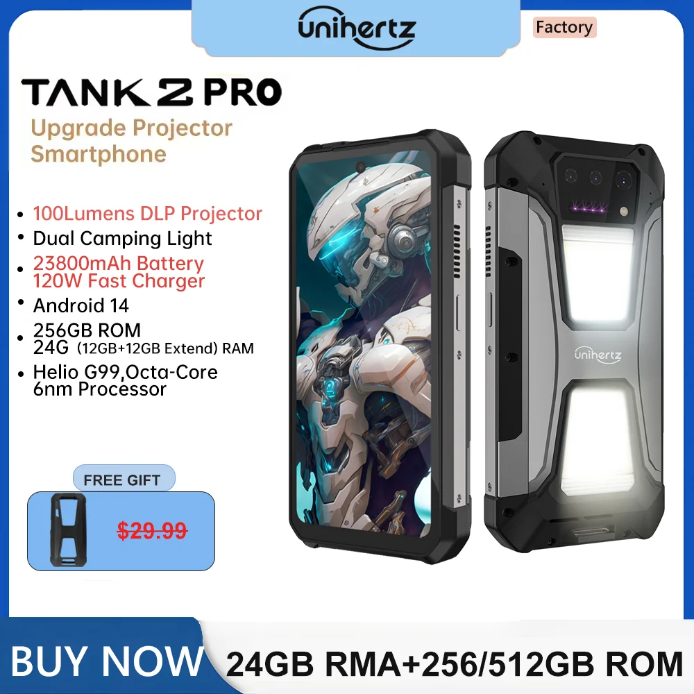 US EU MX Warehouse Unihertz 8849 Tank 2 PRO Rugged Smartphone with Projector,Android 14,24 + 256GB 23800mAh battery,120W charger