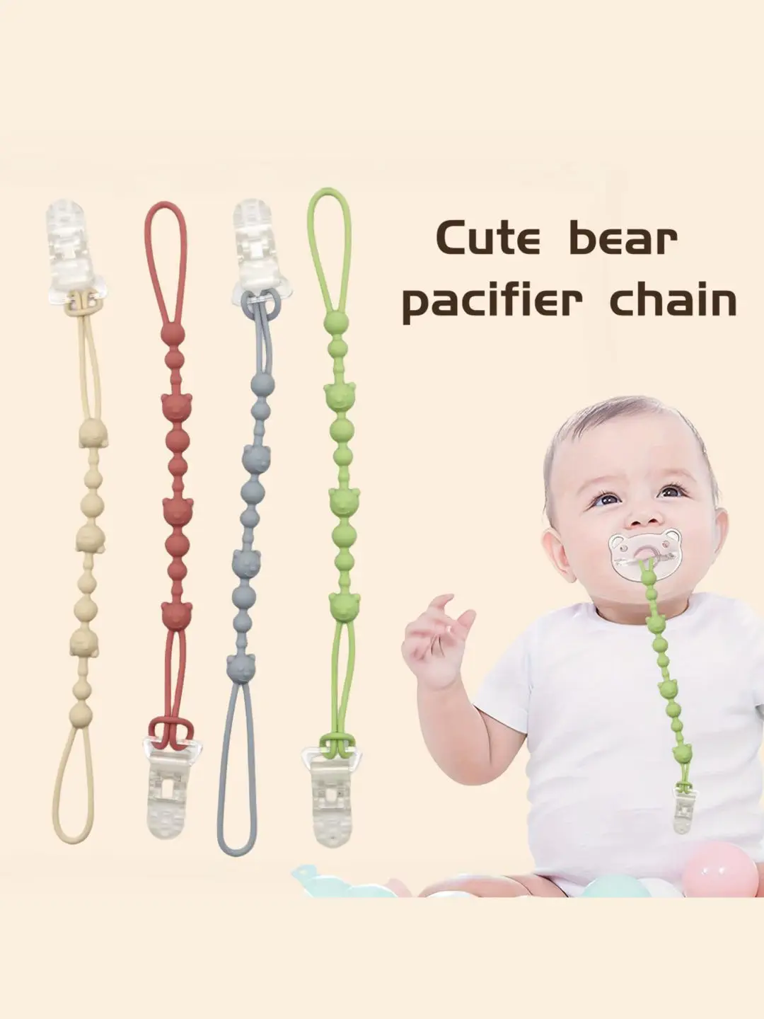 4 PCS Baby Cute Bear Pacifier Chain Straps 2 Clips, Baby Pacifier Chain, 4 Colors, Baby Toy, Pacifier Chain, Food Grade Silicone