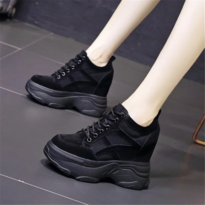 Women Sneakers Leather Casual Platform Trainers Black Shoe 11CM Heels Autumn Wedges Breathable Woman Height Increasing Shoes New