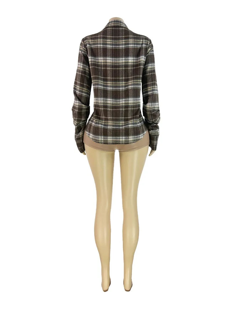 Plaid Pullover Shirts Frauen Mode Drehen Unten Kragen Gefaltete Langarm Split Asymmetrische Bluse Casual Streetwear Tops