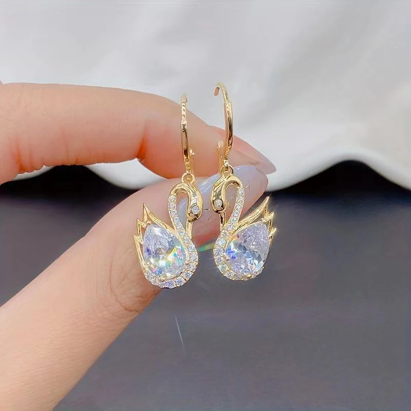 New Rhinestone Zircon Little Swan Pendant Gold Color Earrings for Women Fashion Elegant and Exquisite Ladies Party Trend Jewelry