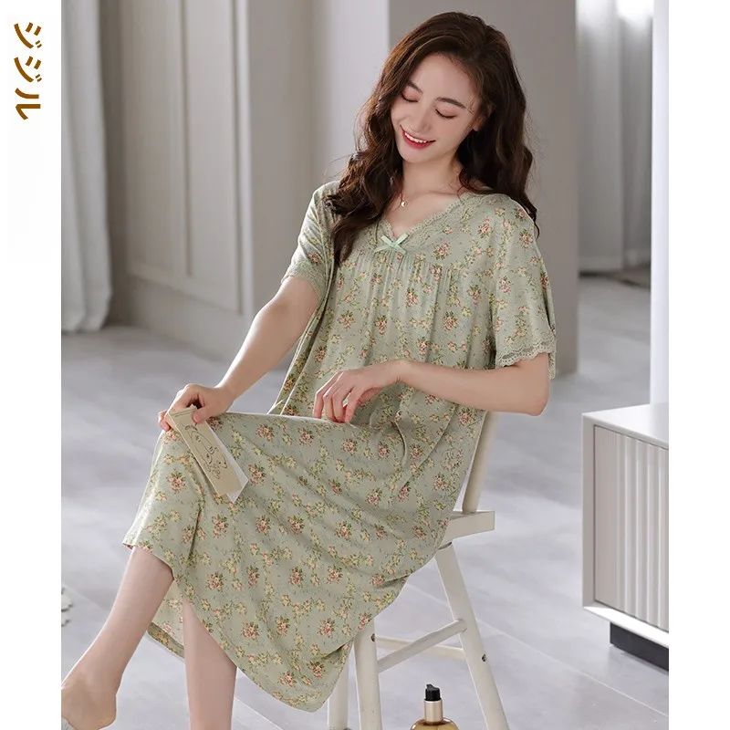 nouvelle-robe-longue-d'Ete-jindai-pour-femme-vetement-de-nuit-a-manches-courtes-imprime-floral-en-modal-col-en-v-longueur-mi-mollet-tenue-confortable-pour-la-maison
