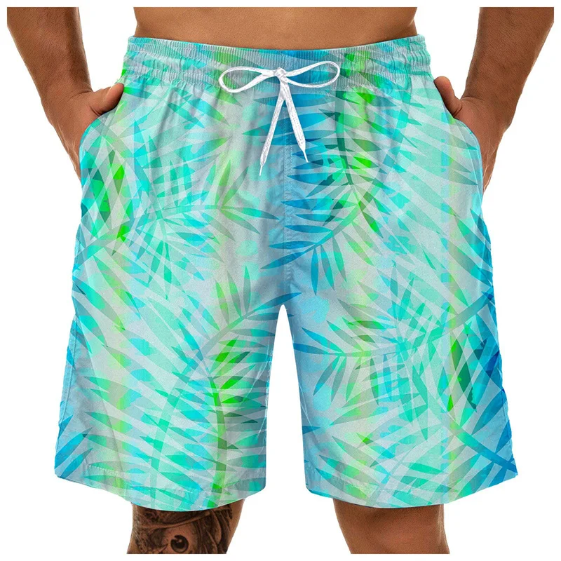 Calções de praia havaianos coloridos com estampa 3D masculino, calção de surf secagem rápida, padrão plantas tropicais, calção de verão, casual