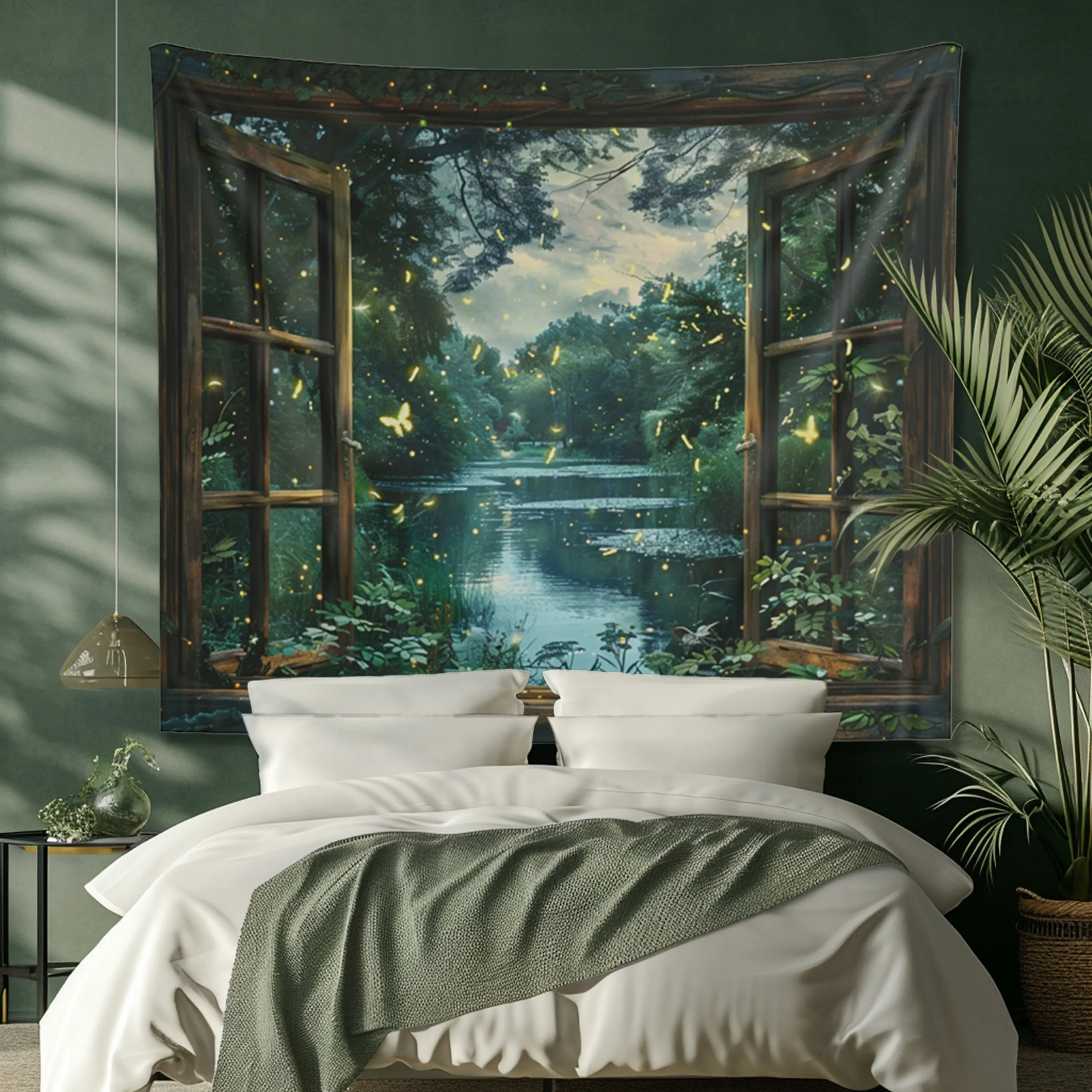 1pc Magical Firefly Tapestry, Window River Forest 2D Print Decor, Polyester Material, All-Season for Bedroom & Living Room Wall