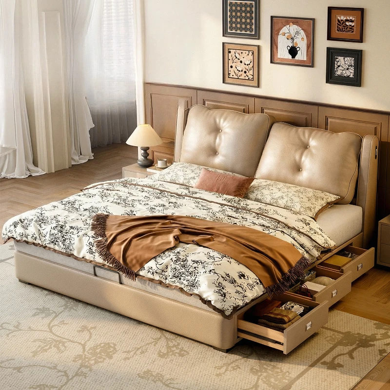 

Современная минималистичная новая кожаная кровать, регулируемая главная спальня, двуспальная кровать из бука, кремовая свадебная кровать для хранения вещей в облаке