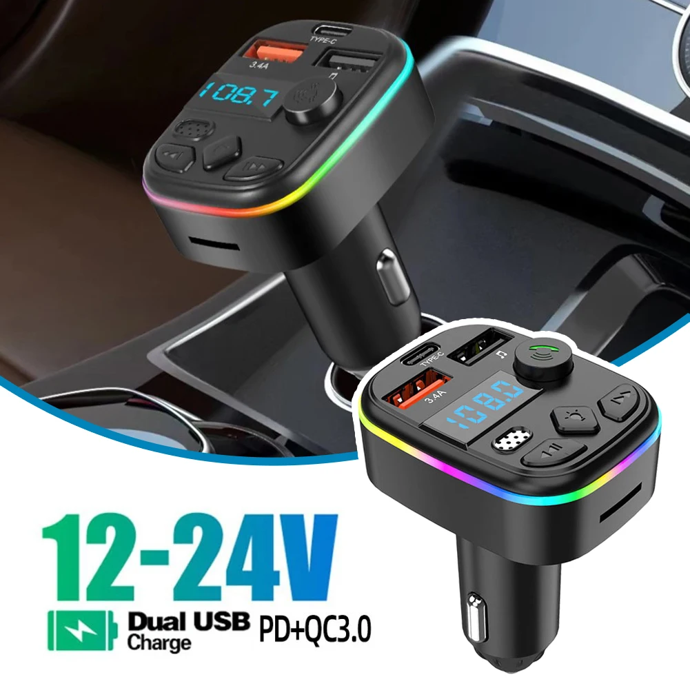 Car Bluetooth 5.0 FM Transmitter Handsfree Call Cigarette Lighter Adapter PD 20W Type-C Dual USB 3.4A Fast Charger Ambient Light