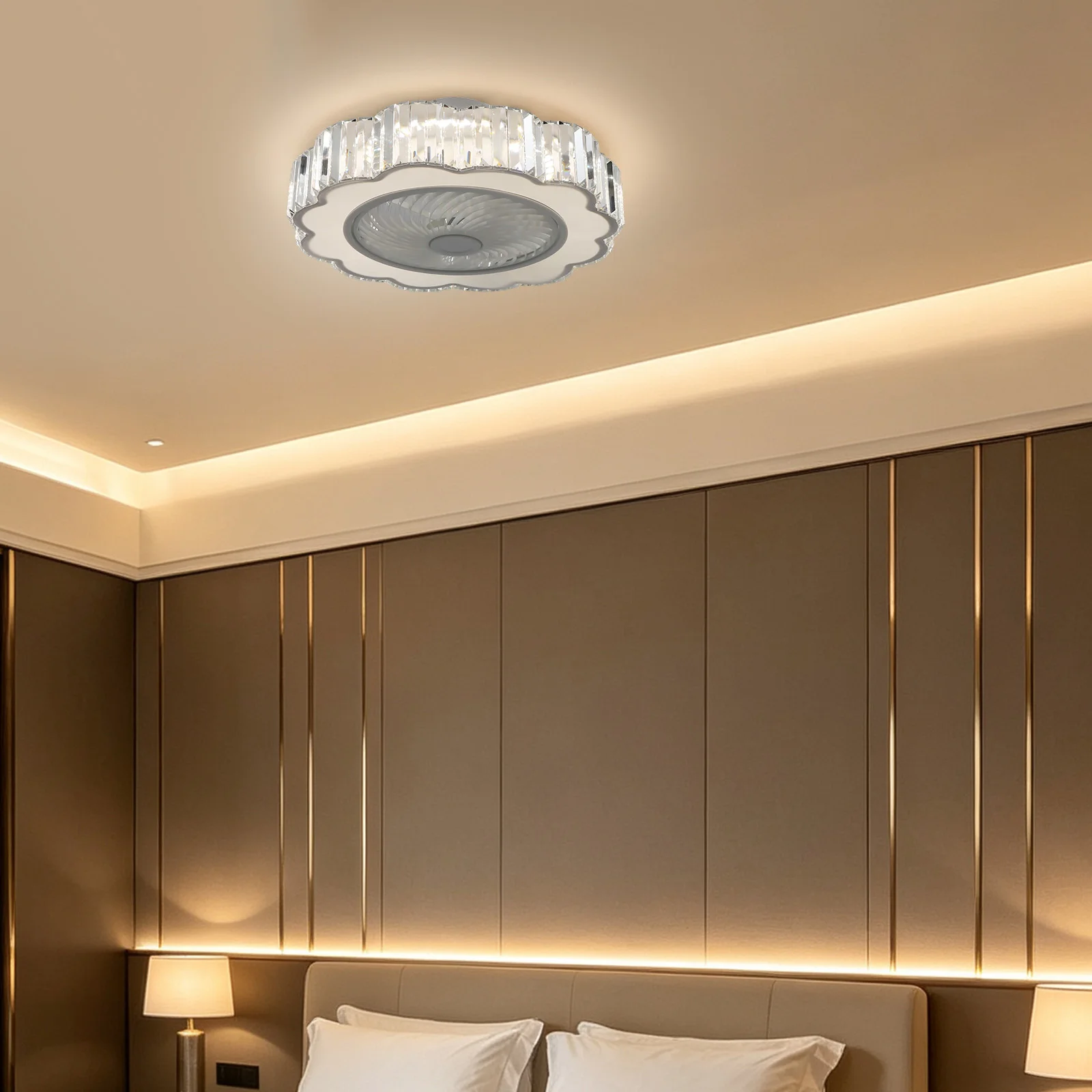23'' White Plum Blossom Enclosed Ceiling Fan Light With Remote Control, 6 Speeds Reversible Quiet Pure Copper Motor, Dimmable 3000-6000K LED Crystal Fan Lamp Timer 85-265V For Bedroom Dining Room