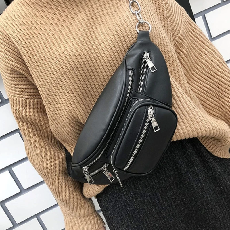 

H3CB Retro Adjustable Crossbody Chest Bag For Women Waterproof PU Shoulder Bags With Chain Strap And Multiple Pockets Waist Pack