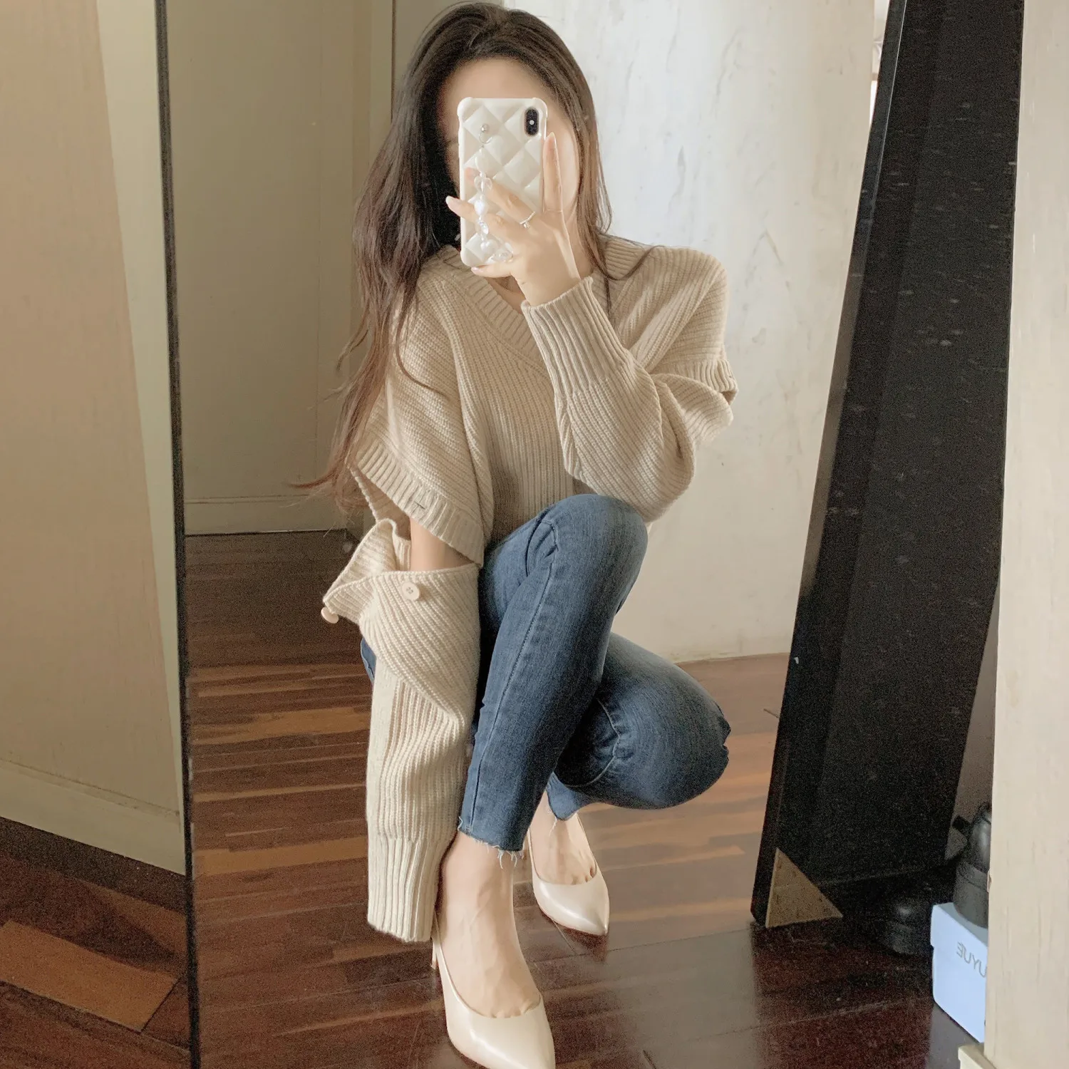 

Pullovers Women V-neck Temperament Solid Loose-fitting Korean College Sweater Stretchy New Fashion Autumn Street Knitwear Classy