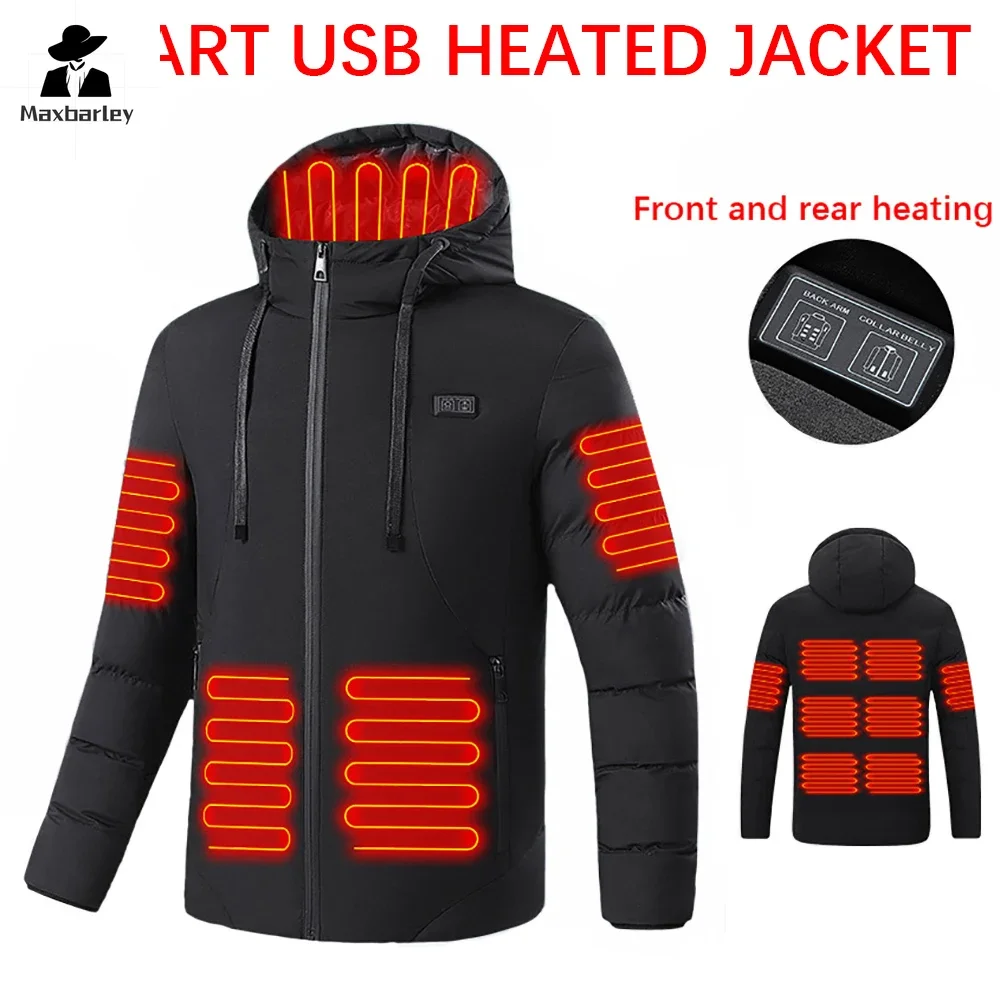 Heated jacket, 4-11 zone smart USB single and double control electric heated jacket, winter camping hiking men's hooded jacket