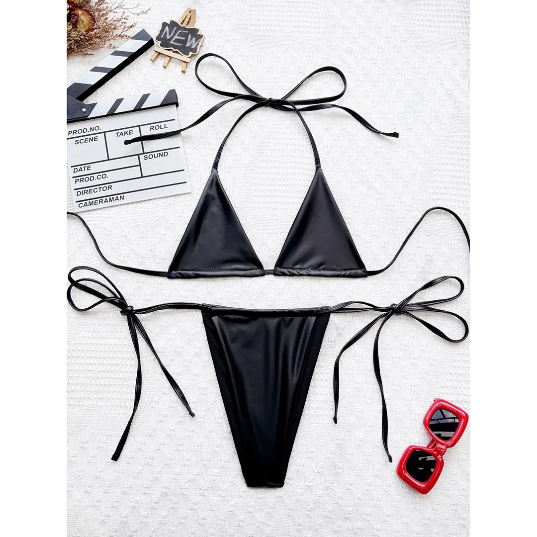 3 Farben, neues Halter-Bikini-Set aus Kunstleder, Damen-Badebekleidung, zweiteiliger Badeanzug, V6492B – Detail 13