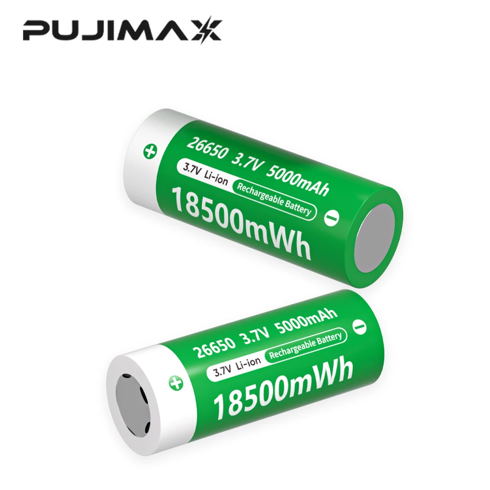 PUJIMAX 3.7V 26650 5000mAh Lithium Rechargeable Batteries for Flashlights Small Fans Built-in Cell Electric Lights Solar Lights