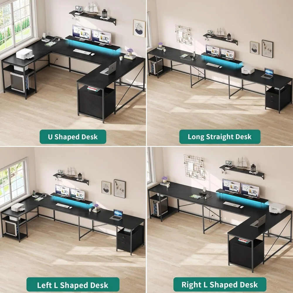 U Shaped Desk with Power Outlets & LED Lights, 79" Reversible L Shaped Desk with Drawers, Corner Computer Desk Office D