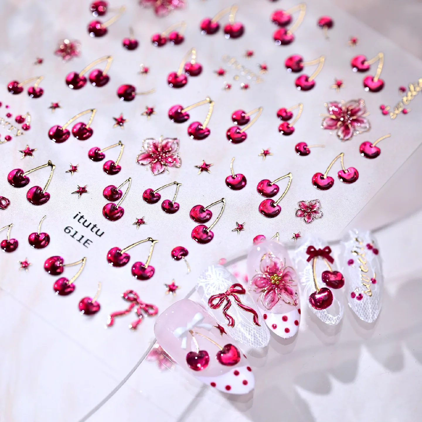 5D Embossed Jelly Red Pink Aurora Juicy Cherry Nail Stickers Shiny Star Ribbon Blossom Floret Decals Luxury Manicure Accessories