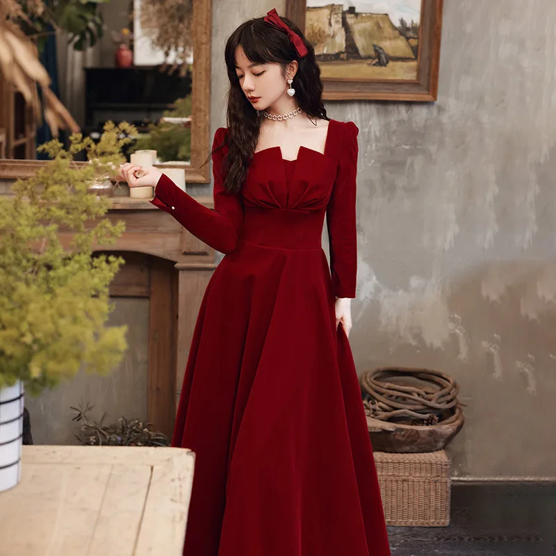 2024 Bride Toast Dress Wine Red Autumn New Long sleeved Square Neck Back to the Door, Can Wear Long A-line Skirt Normally