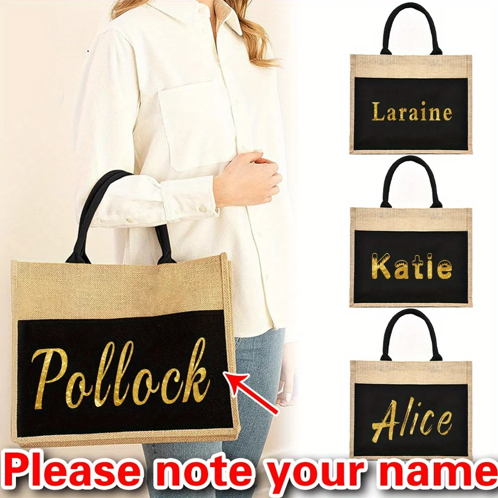 

Customizable Name Single Shoulder Handbag Women's Shopping Bag Linen Fashion Foldable Handbag Grocery Shopping Bag