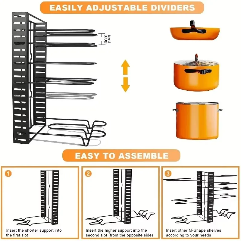 8 Tier Pot Rack Organizer Iron Adjustable Pots Pans Lid Holder Stand for Kitchen Countertop Cabinet Cookware Storage Shelf Racks view 5