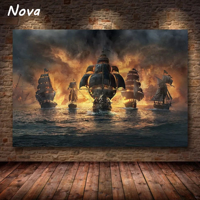 Black Sailing Ship Vintage Pirate Ship Seascape Canvas Painting Posters and Prints Ship Murals for Living Room Home Decoration