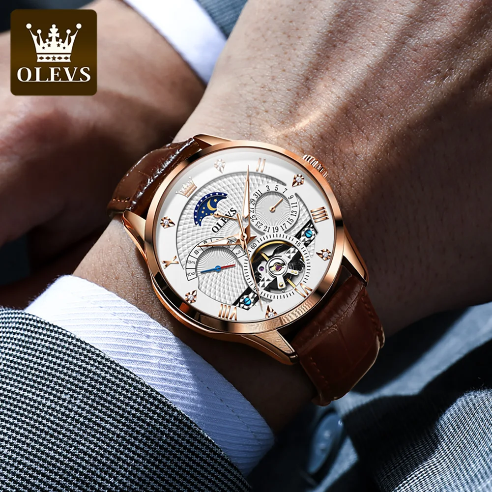 OLEVS 6652 Top Original Men's Wristwatch Moon Phase Skeleton Flywheel Leather Strap Waterproof Automatic Mechanical Watch