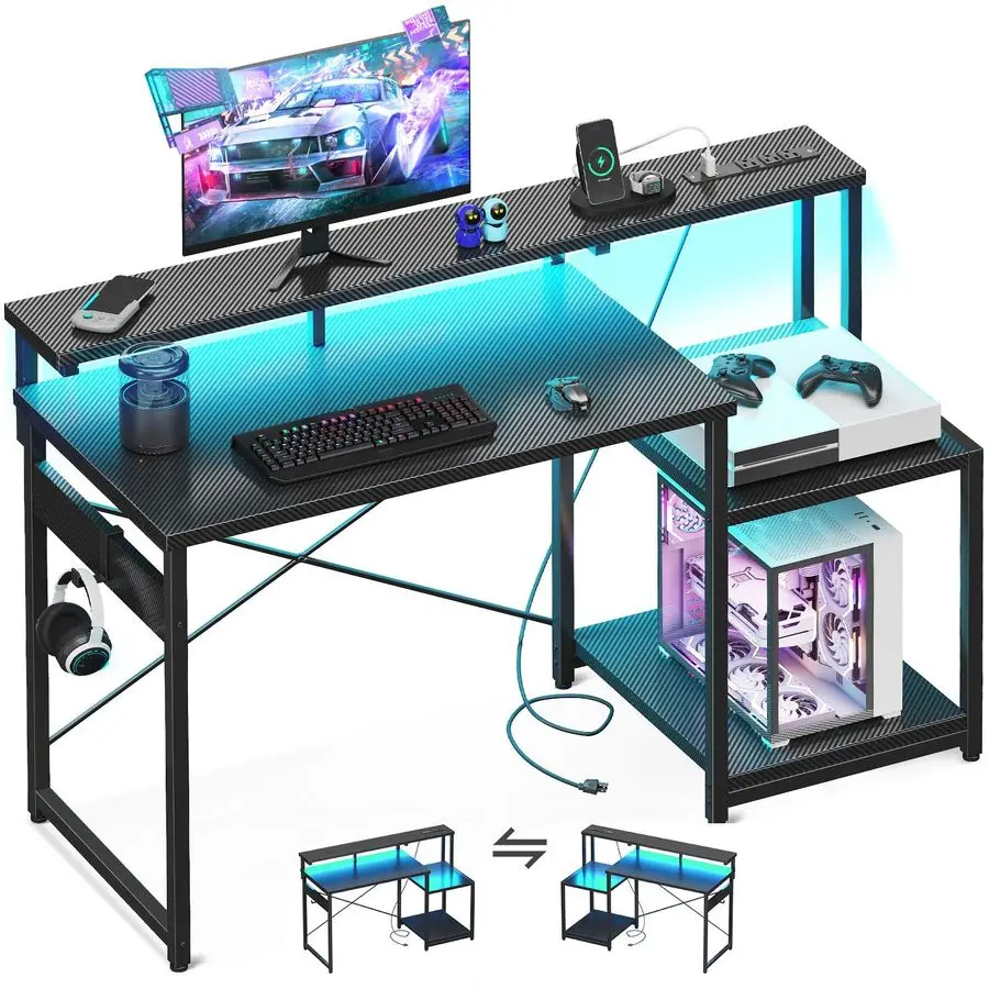 

Computer Desk, 48 Inch Gaming Desk with Led Lights amp Power Outlet, Office Desk with Storage Shelves, Reversible Desk with Mon