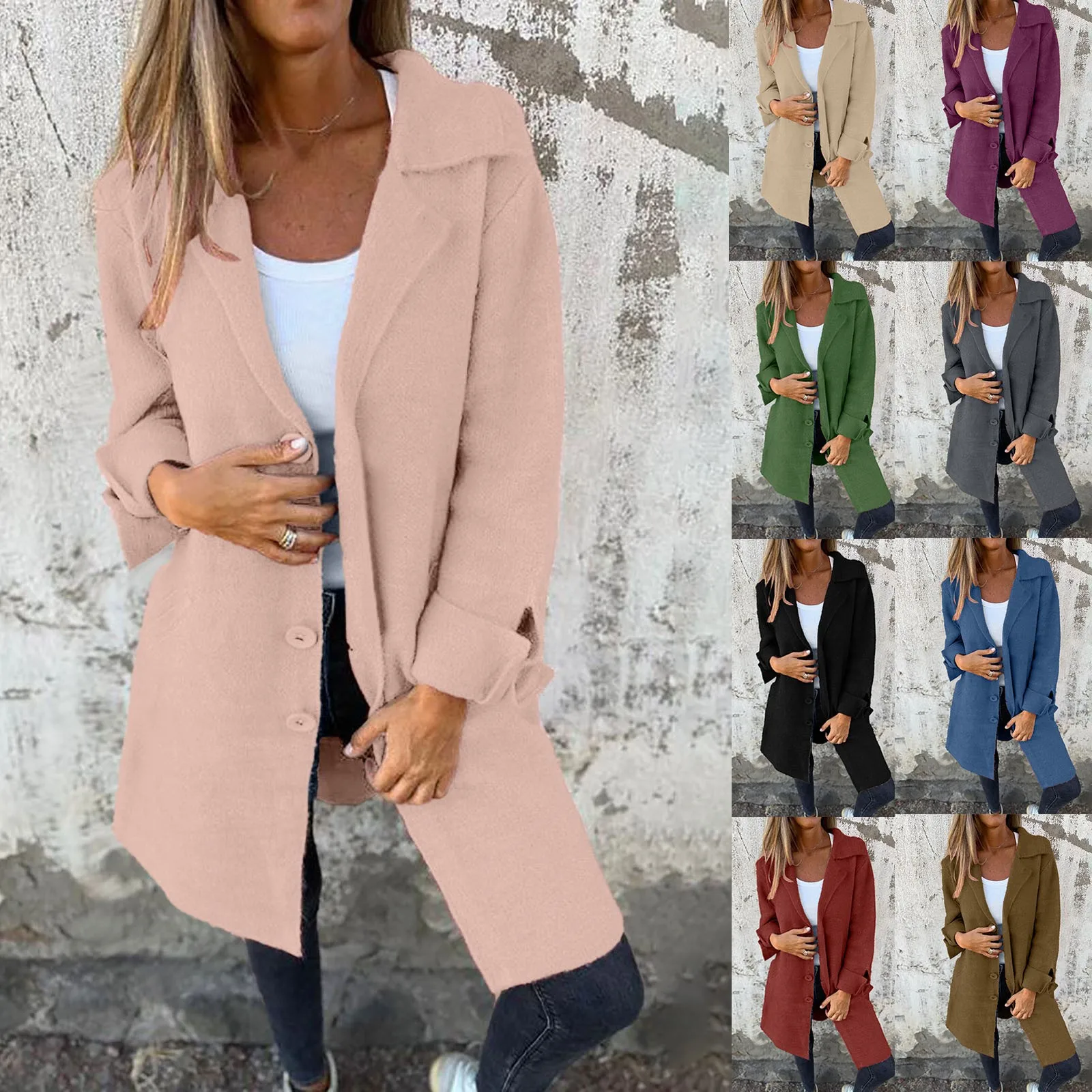 2024 Autumn/Winter Women'S Solid Color Cardigan Sweater Lapel Pocket Single Breasted Medium Long Coat Simple And Comfortable Top