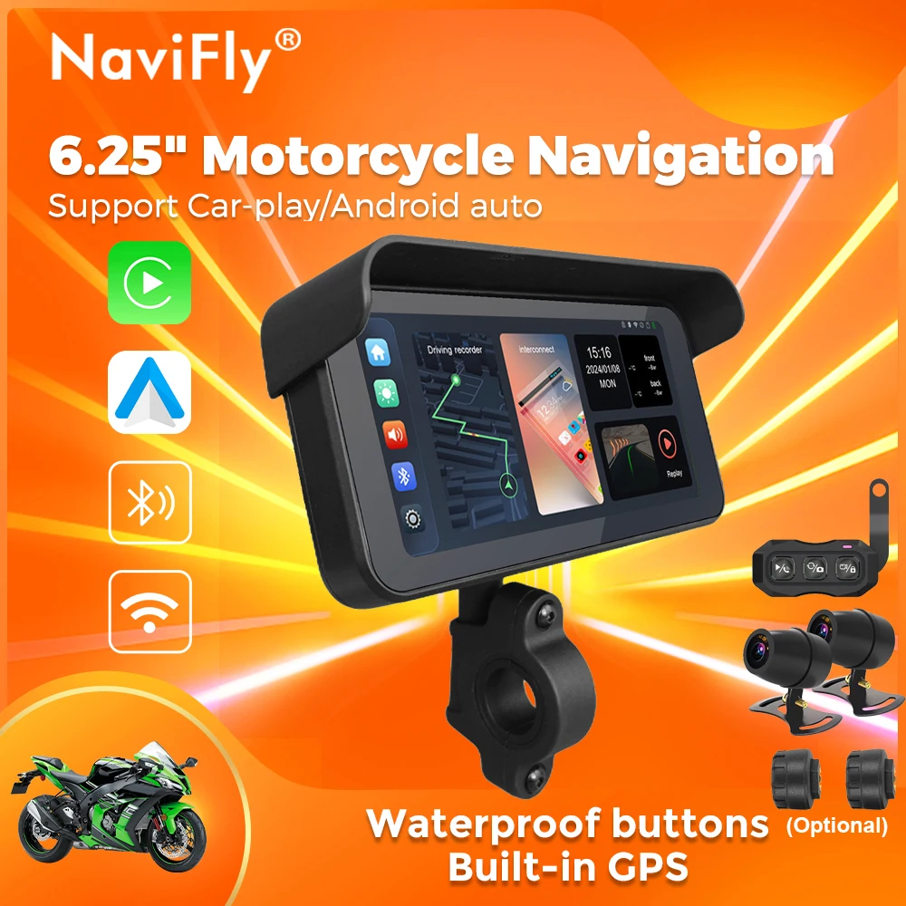 

NaviFly Wireless CarPlay Moto Android Auto 6.25" Portable Digital Motorcycle Dashboard GPS Navigation DVR Monitor Optional TPMS