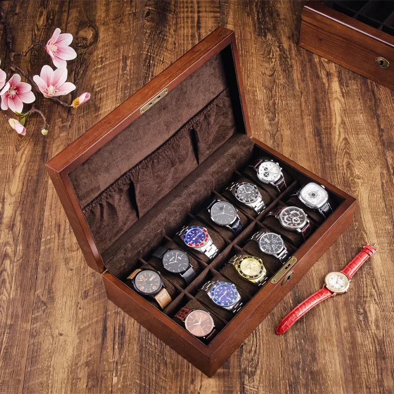 Wooden Watch Storage Box with Lock Transparent Skylight Watch Boxes Organizer Bracelet Glass Wrist Watches Display Collection