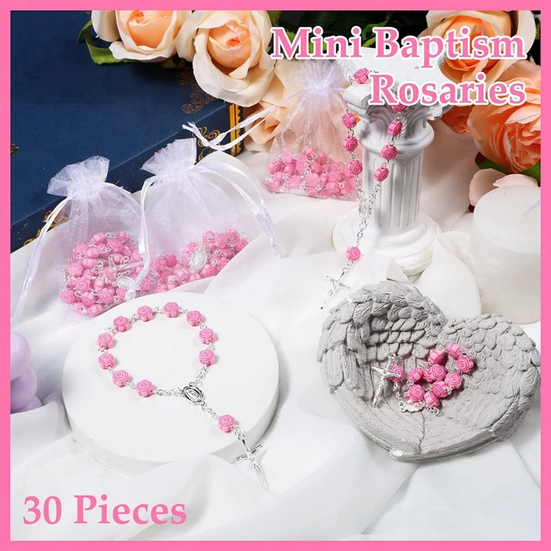 30 Pieces Baptism Rosary Mini Rosary Baptism Favors Finger Baptism Rosaries Rose Shaped Beads with 30 Organza Bags-ABFB