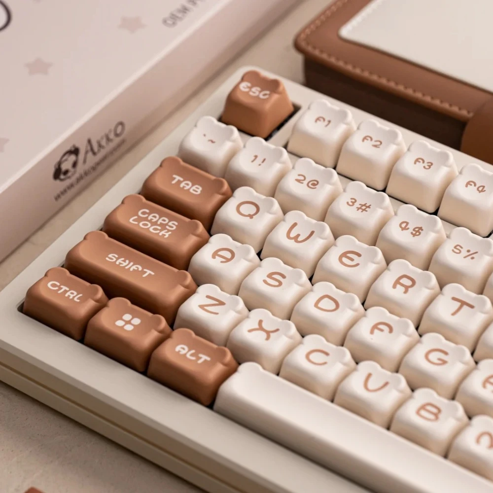 Mocha Bear Theme Keycap PBT Material OEM Profile Cute Bear Head Keycaps for 61/68/75/84/87/96/98/104/108 Mechanical Keyboard