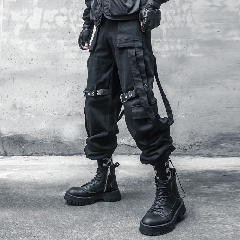 Design Dark Hip Hop Techwear Women Overalls Fall Streamers Belt Girth Feet Wide Leg Loose Men