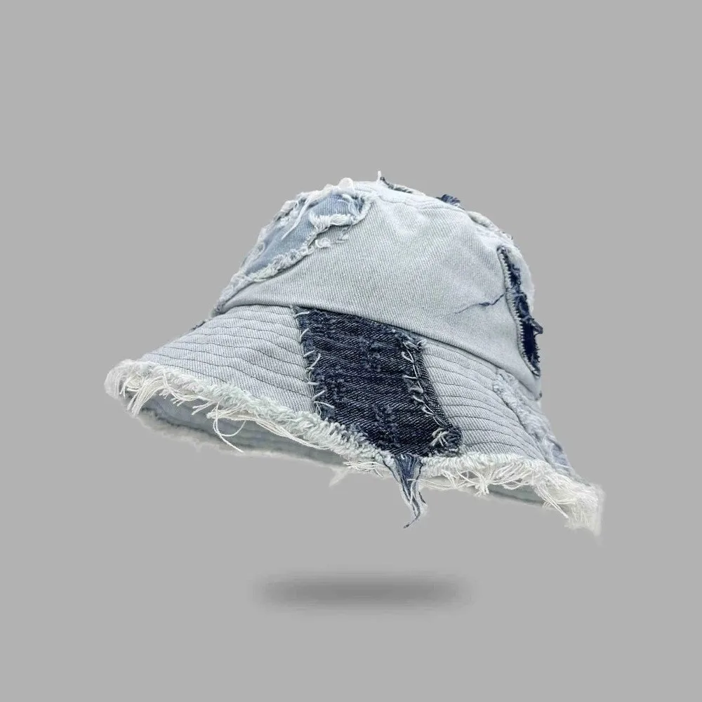 

Fashion Japanese Denim Bucket Hat Beggar Style Patched Retro Fisherman Hat Splicing Bule Sun Protection Basin Cap Male/Female
