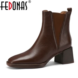 FEDONAS oryginalne skórzane damskie botki grube obcasy platformy botki jesienne buty zimowe Casual Office Dress krótkie buty