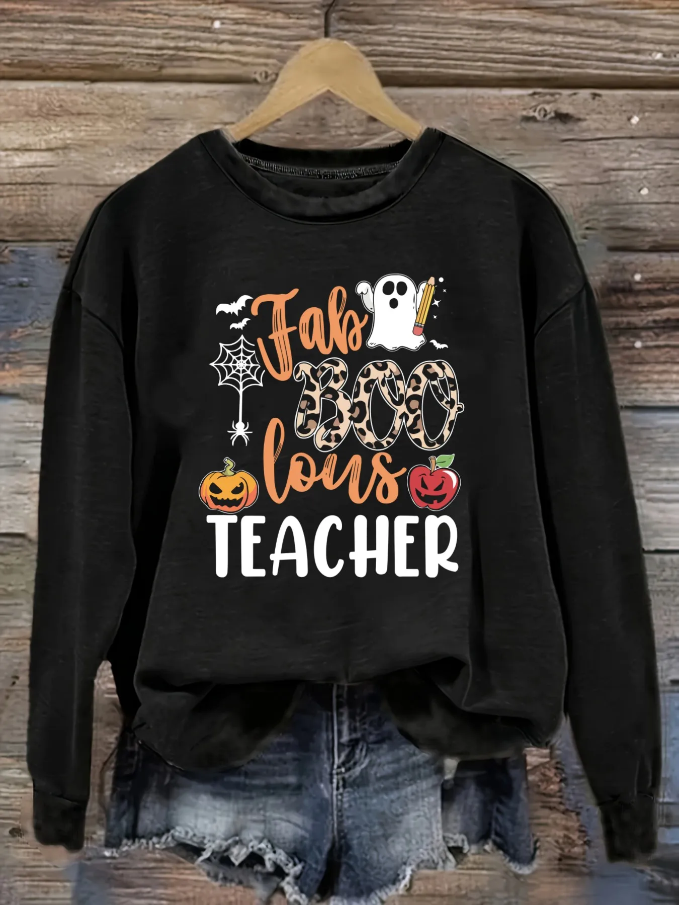 Women's Casual Long Sleeve Crew Neck T-Shirt Fab Boo Lous Teacher Print Design, Round Neck Women's Clothing, Machine Washable, Slightly Elastic, Loose Fit, Spring Autumn Winter Women's T-Shirt, Halloween Costume Outfit
