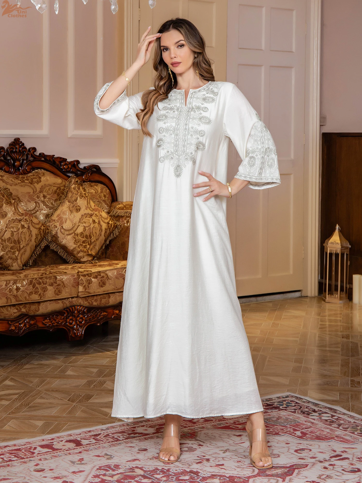 Uni Ramadan Dubai Embroidered Diamonds Abayas Muslim Elegant Women Evening Dresses Loose Luxury Kaftan