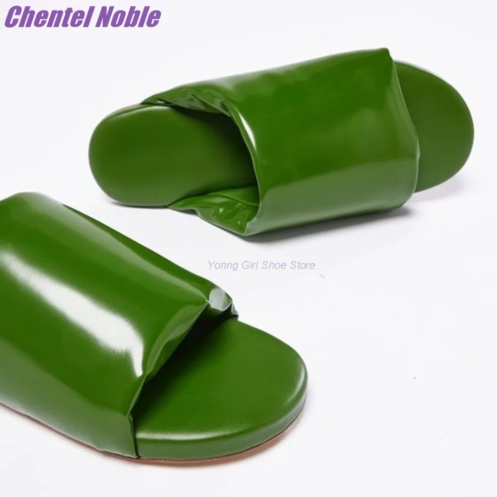 Vintage Green Flat Slippers Patent Leather Round Toe Comfortable Outside Women Shoes Fashion Summer Genuine Leather Retro