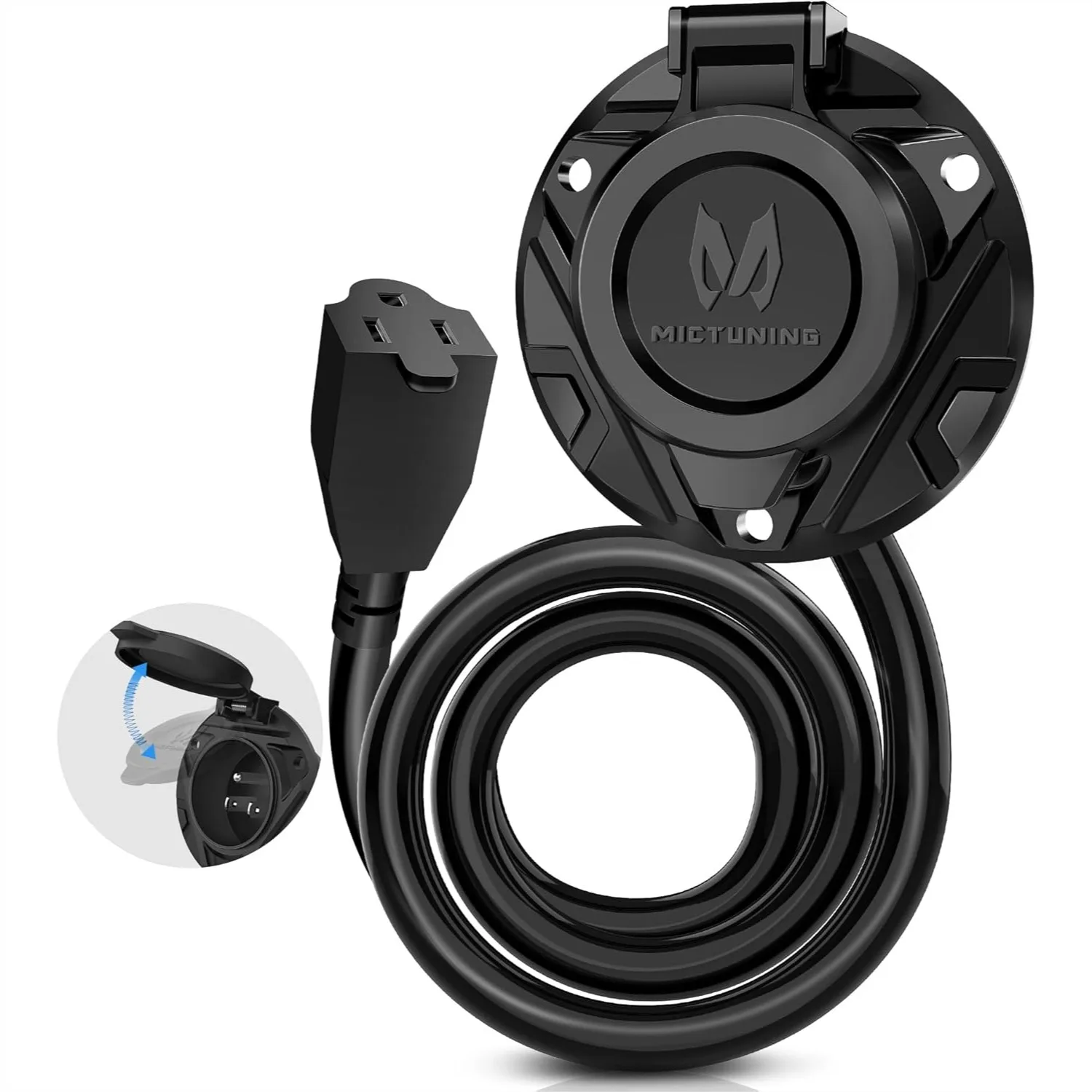 

AC Port Plug 15A 125V Power Inlet Socket with 20-Inch Extension Cord, Waterproof Auto Shut Cover & Cable Clips for RV Marine