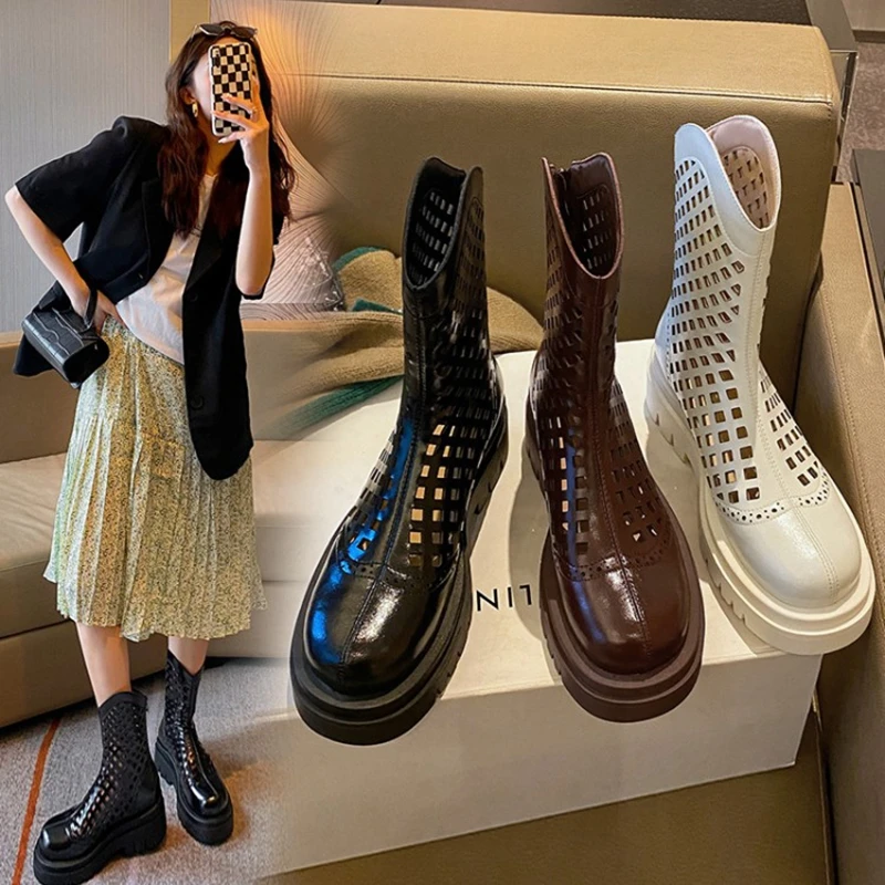 

Women's new leather cowhide round toe high-heeled high-heeled thick soled hollow breathable zipper and calf hole short boots