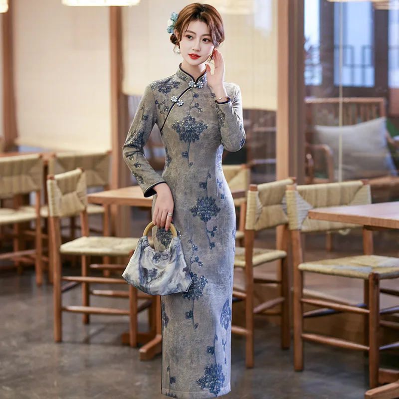 qipao Autumn Waist Fitted Long Sleeve Modified Cheongsam Chinese Evening Dress